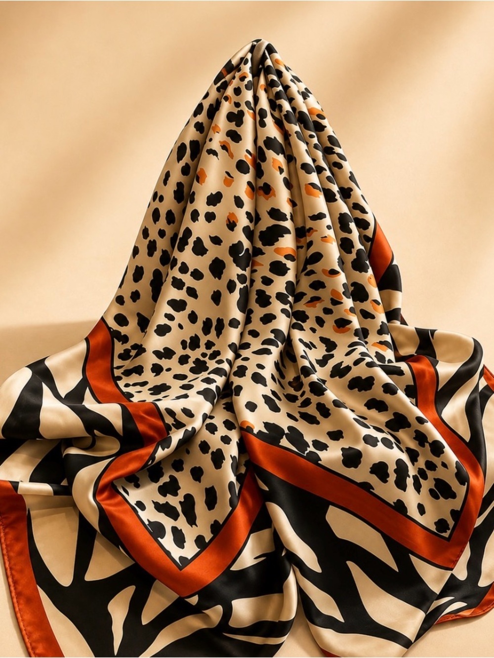 Silk-Look Animal Print Square Scarf in Beige, Black & Rust
